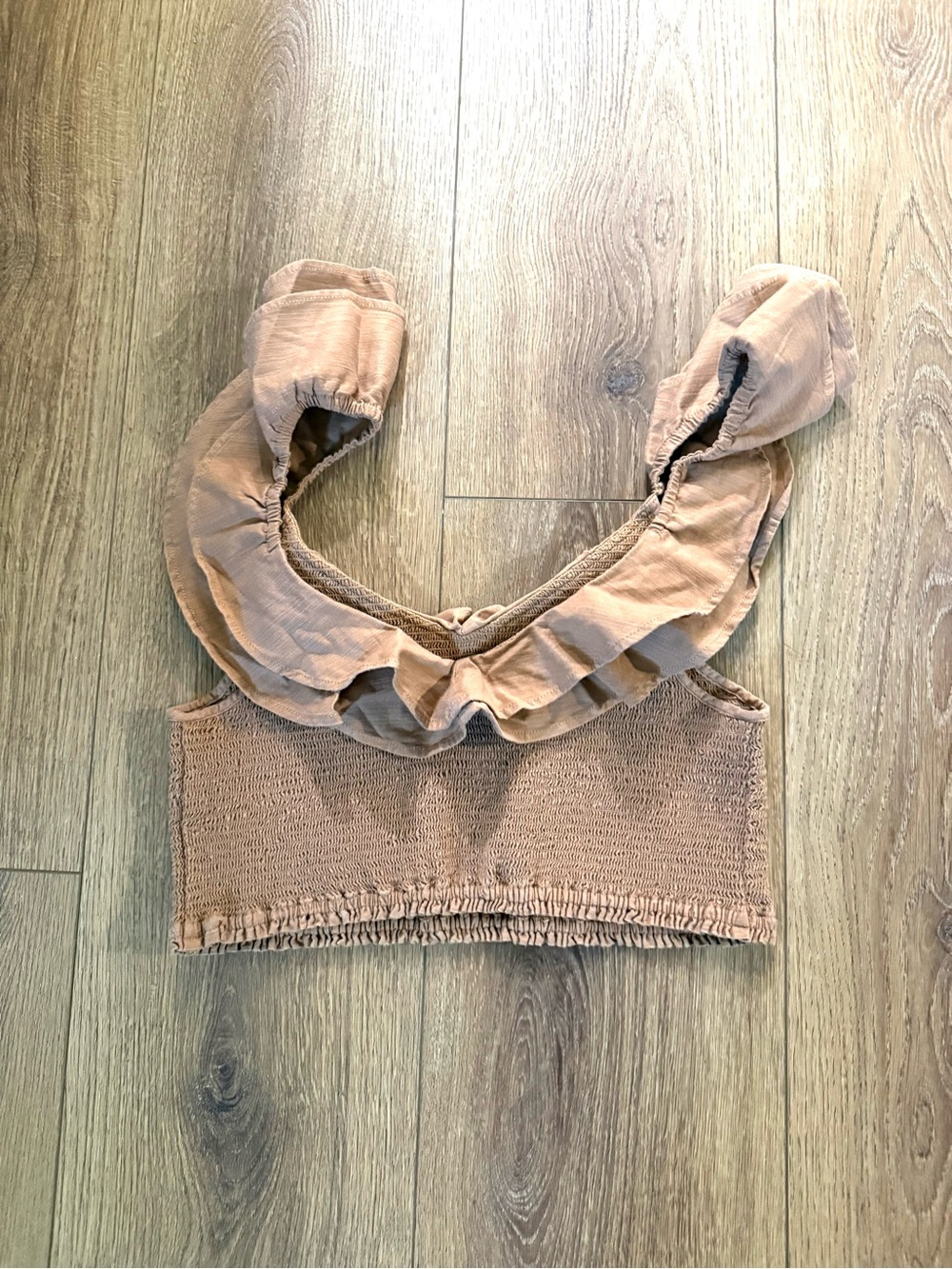 Anthropologie Women’s Smocked Ruffle Crop Top - Taupe NWT